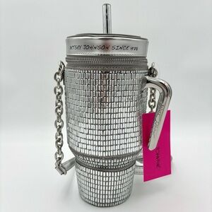Betsey Johnson Silver Crystal Hydration Crossbody Bag | Rhinestone Tumbler Purse